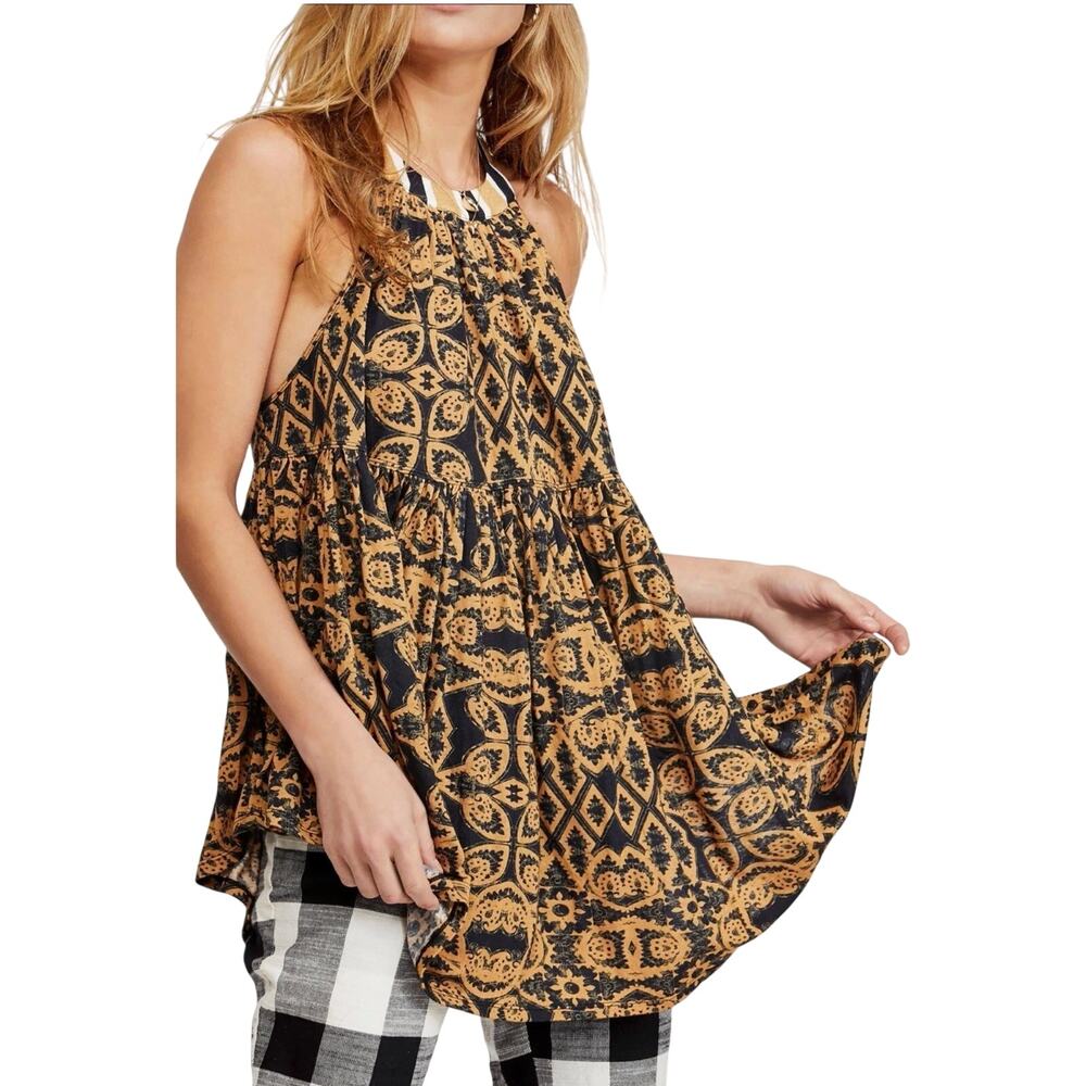 Free People Mimi Boho Halter Tunic Tank, Black Gold Geometric Print, Size Medium
